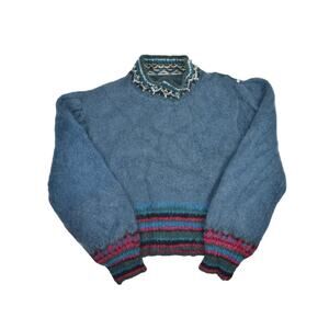 Vintage Wool Sweater Womens L Balloon Sleeve Mock Neck Fair Isle Striped